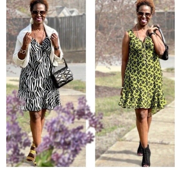Cabi Samba Flip Dress Reversible Size XL Floral Green Zebra Print Mesh Stretchy - Picture 1 of 9